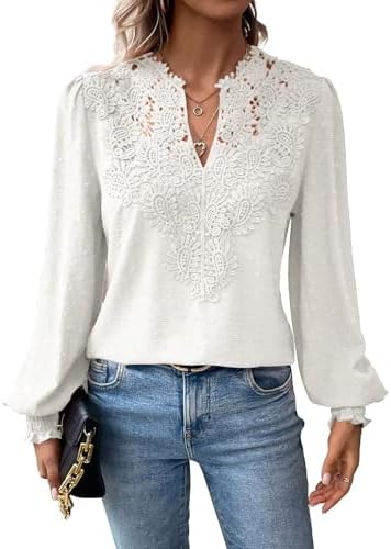 TUUHAW Top Damen Boho Bluse Langarmshirt Oberteile Elegant V-Ausschnitt | Fließend Rüschen Shirt, Süß Elegant Longshirt, Lässig Longsleeve, Spitze Kleidung, Sexy T Shirt, Frühling