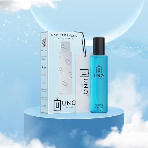 Image of Uno Aroma Active Fresh Car Perfume - Alcohol-Free, Long-Lasting Car Fragrance, Removes Odours, Toxin-Free & Easy to Use Hanging Card, No-Gas Car Perfume with 200+ Sprays, Lasts up to 90 days (30mlx2)