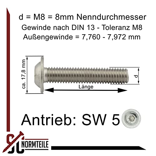 Linsenkopfschrauben mit Flansch und Innensechskant (ISK) - M8x100 - (10 Stück) - ISO 7380-2 - rostfreier Edelstahl A2 V2A - Vollgewinde - Flanschschrauben - Flachkopfschrauben - SC7380-2
