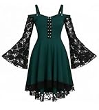 Panegy Women’s Medieval Steampunk Dress Flowy Gothic Ruffle Dresses Spaghetti Strap Lace Renaissance Dress Cosplay Vintage Flare Dress Green
