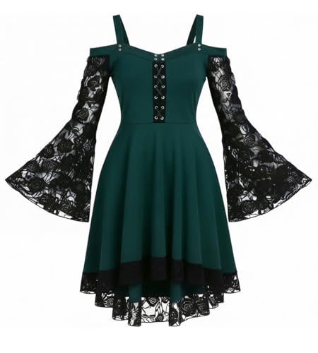 Panegy Women’s Medieval Steampunk Dress Flowy Gothic Ruffle Dresses Spaghetti Strap Lace Renaissance Dress Cosplay Vintage Flare Dress Green