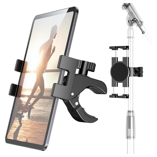 RomHaus Suporte de braçadeira para iPad, suporte de tablet para esteira, suporte de microfone, carrinho de bebê, bicicleta ergométrica, diâmetro de abertura da braçadeira de 1,5 a 5 cm, suporte para