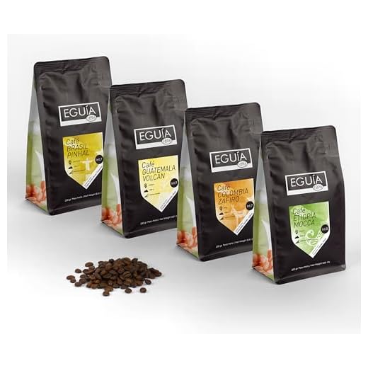 Eguia Pack de Degustacion 4× 250g-Granos de café espresso Arábica no amargo y de tueste medio de Etiopía Colombia Guatemala y Brasil