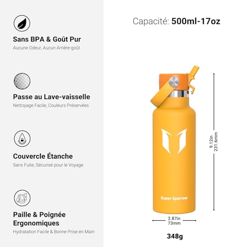 Sparrow Gourde Isotherme Enfant 500ml FlipFlow Bouteille Isotherme Paille – vue 3