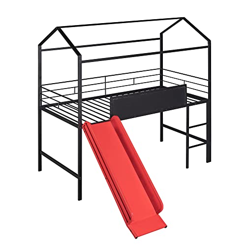 Twin House Loft Beds With Slide And Chalkboard, Low Loft Bed Twin Size, Metal House Bed With Guardrail And Ladder, Metal Twin Size Loft Bed For Kids Teens Girls Boys (Twin, Black + Red) #TOP2