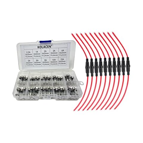 KOLACEN Automotive Car Inline Screw Type 5x20mm AGC Fuse Holder 16 Awg Wire 10 Pieces + Quick Fast-Blow Glass Tube Fuse 5 x 20 mm Assorted Kit (Pack of 100) Cover