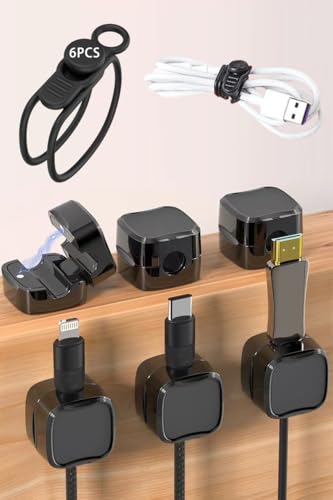 Set de gestión de cables bajo escritorio: 6 clips magnéticos adhesivos para cables y 6 ataduras de silicona para cables, organizador para cables de carga para hogar, oficina, auto y escritorio miniatura 1