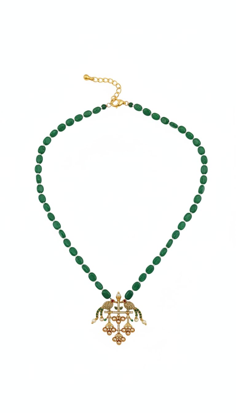 Elegant Gold-Plated Green Beaded Necklace with Peacock Design Pendant-image-22
