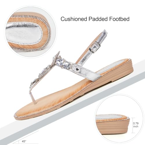 Image of iCKER Womens Rhinestone T‑Strap Flat Sandals Adjustable Ankle Strap Jeweled | for Dress,Vacation,Wedding,Party Evening and Formal Special Occasions