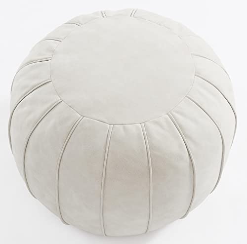 C Comfortland Unstuffed Faux Leather Ottoman Pouf, Round Foot Rest Poof Ottomans, Floor Foot Stool Poufs, Bean Bag Cover With Storage For Living Room, Bedroom, Beige White (No Filler) #TOP22