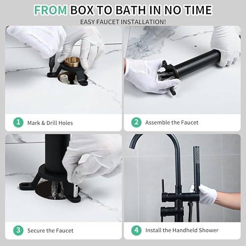 Image of BASSINO Luxury Freestanding Floor Mounted Bathtub Faucet with Hand Shower /6x8x45 Inches Premium Stand Alone Bath Tub Mixer Tap for Bathroom /Free Standing Tub Filler for Spa & Villa Bathrooms(Black)