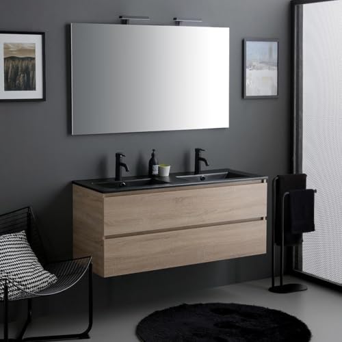 Kiamami Valentina - Meuble de Salle de Bains Suspendu 120cm chêne avec Double Vasque Noir et Miroir LED | Berlin