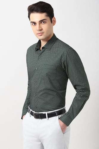 Image of Peter England Men's Printed Formal Shirt with All-Over Dot Pattern - 100% Cotton, Full Sleeves, Regular Fit