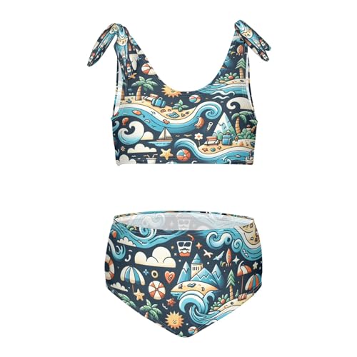 Girls' Bikini Set, Wrapping All Prints Dark Ocean Blue Kids Swimsuit 2 Pcs Beach Bathing Suit