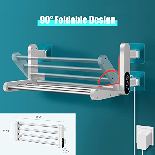 lanmou radiateur seche serviette electrique salle de bain avec thermostat 55℃, porte serviettes chauffant electrique blanc sans perçage auto adhésif, pliable à 90° et minuterie, contrôle tactile