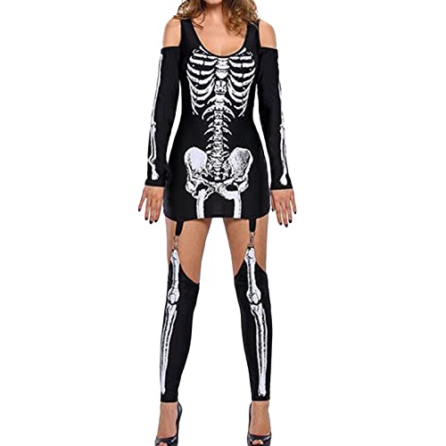 Amazon.com: FEORJGP Women Halloween Skeleton Dress Outfit Cold Shoulder  Long Sleeve Scoop Neck Skull Printed Costume Dress with Stockings (A Black,  S) : Clothing, Shoes & Jewelry