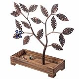 MyGift Earring Storage Rack Organizer, Vintage Bronze Finish Metal Jewelry Tree with Wooden Ring Tray Trinket Holder - Holds up to 68 Pairs of Earrings