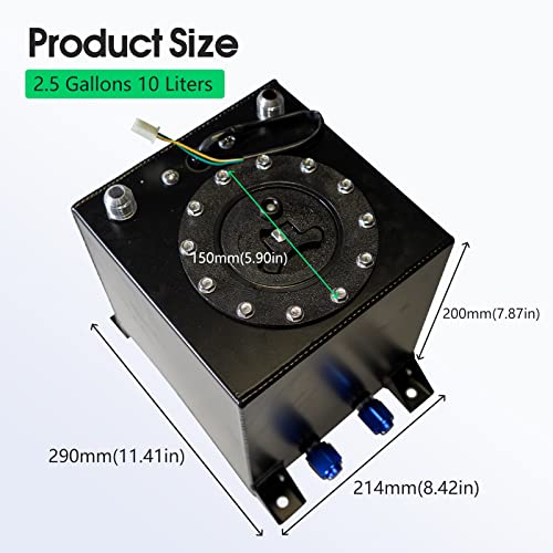 GSTP Universal 2.5 Gallon 10L Fuel Cell Tank with Cap and Level Sender Polished Aluminum Black