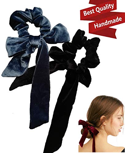 2pcs Cute Girl Hair Velvet large Scrunchies Bow Big Bowknot Scrunchie Women's Elastic Hair Ties Bands Ponytail Holder for Women and Girls (Black + Blue gray)