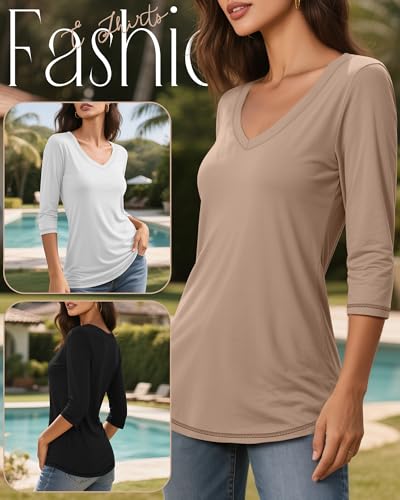 Ficerd 3 Pack Women's 3/4 Length Sleeve T Shirts, V Neck Tops Casual Blouses Loose Fit Tees 2025 Fashion Clothes4