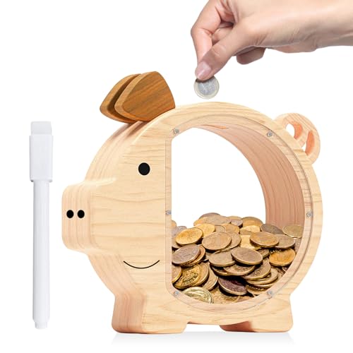 PORFOYO Tirelire en Bois, Tirelire Personnalisée, Tirelires Cochon pour Enfants, Tirelires-Enfant Réutilisable pour Anniversaire, Noël, Thanksgiving