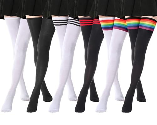Image of DRESHOW 6 Pairs High Thigh Socks Striped Over Knee Thin Tights Long Stocking for Women Leg Warmer