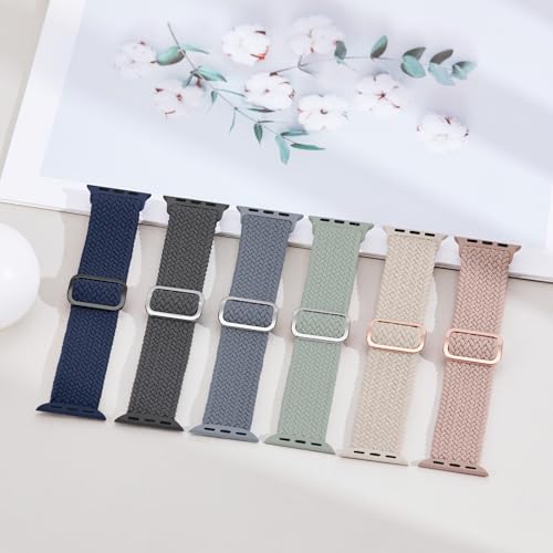 Image of 6 Pack Braided Stretchy Bands Compatible with Apple Watch Band 38mm 40mm 41mm 42mm 44mm 45mm 46mm 49mm Women Men, Adjustable Nylon Solo Loop Elastic Straps for iWatch Series 11 10 9 8 7 6 5 4 SE Ultra