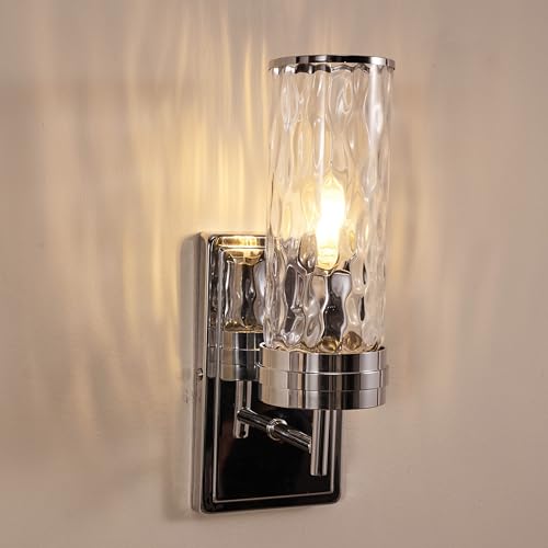Image of ANDY STAR 1-Light Bathroom Wall Sconce, Polished Chrome Hammered Glass Vanity Light, Water Ripple Side Light Fixtures with Clear Glass Shade, E12 Base, Wall Lamp for Bedroom, Hallway