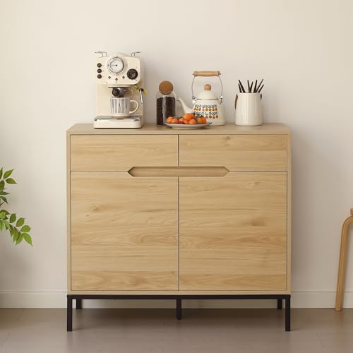 木製キャビネット 幅 90cm 脚付き 引き出し + 両開き扉 可動棚付き 大容量収納 コード穴 木目調 リビングボード サイドチェスト テレビ台 キッチン ローチェスト兼用