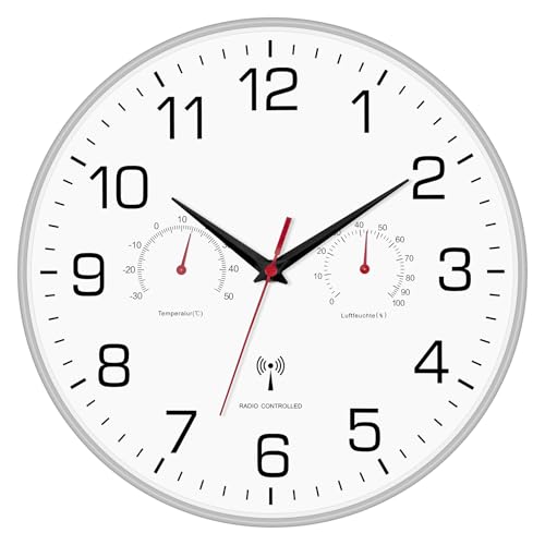 Couperos Horloge murale radio-pilotée silencieuse avec thermomètre et hygromètre - 30 cm - Sans bruit de tic-tac - Pour salon, cuisine, bureau - Plastique