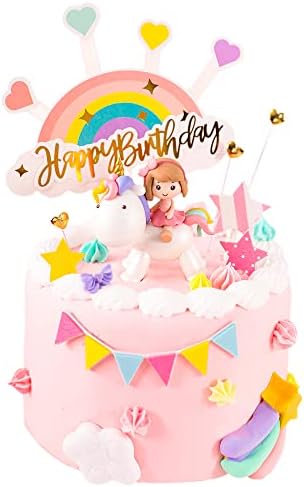 Luckerain Unicorn Girl Cake Topper Rainbow Stars Set for Girls Birthday Baby Shower Party Pink Unicorn Theme Party Cake Decorations