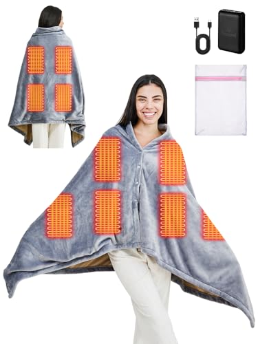 Bodami USB Heated Blanket,with 10000mAh Power Bank,Cordless Portable Wearable Electric Throw Blanket,3 Heating Levels,8 Heating Zones,65''*34'' for Home,Travel and Camping