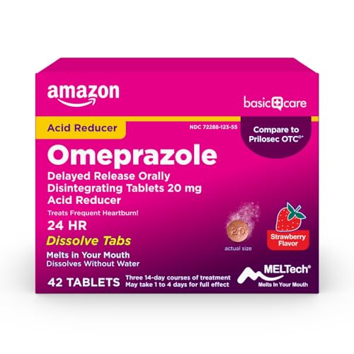Amazon Basic Care Omeprazole Delayed Release Orally Disintegrating Tablets 20 mg Acid Reducer Strawberry Flavor 24 Hour Heartburn Medicine 42 Count