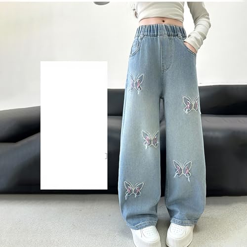 Girls Baggy Butterfly Print Pants Wide Leg Elastic Waist Jean Teen Casual Washed Straight Leg Fall Denim Trousers4