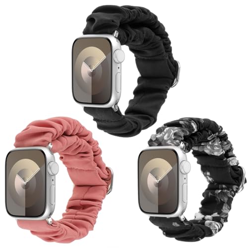 REALSIGN 3Pcs Elastic Scrunchies Bands Compatible with Apple Watch Band 38mm 40mm 41mm,Adjustable Cloth Strap Stretchy Solo Loop Wristband for iWatch Series 9 8 7 6 5 4 3 2 SE Women(38MM,Black/Reddish Orange/Flower)