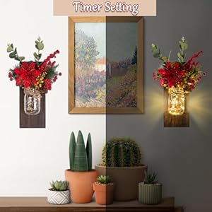 Tqsmsp 2pcs christmas mason jar wall decor handmade rustic wall sconces with remote control timer led fairy lights and red berry flowers hanging mason jar for xmas rustic home decor red  urban country home decor