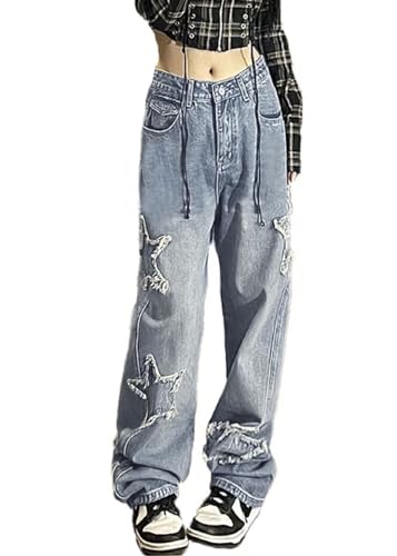 Womens Y2K Baggy Jeans Star Patchwork High Waist Teen Girls Vintage Grunge Straight Leg Denim2