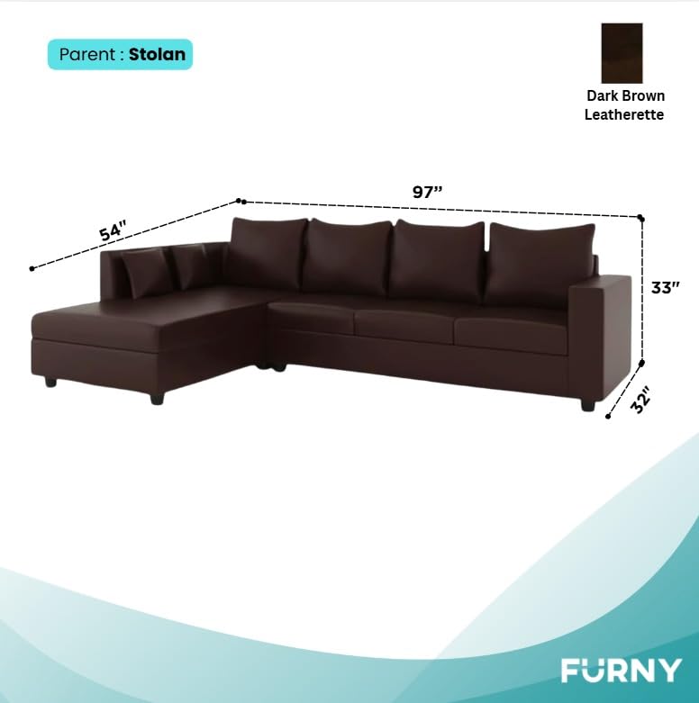 Image of FURNY Harloy 5 Seater LHS L Shape Leatherette Sofa Set (Brown) in Premium Finish | Durable Comfort | Ideal for Living Room