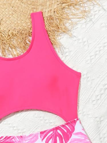 Image of WDIRARA Girl's Cut Out Swimwear Tropical Print One Piece Bathing Suit Beach Sport Swimsuits Pink 9Y