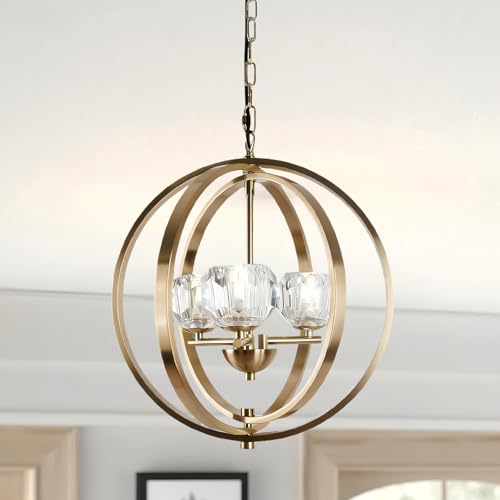 Loyled Gold Modern Crystal Chandelier - 3-Lights Pendant Light for Dinning Room, Globe Ceiling Light for Living Room, Luxury Kitchen Island Light Fixtures Over Table, Hanging Lighting for Entry, Foyer by Loyled - Used condition - CA$101.30