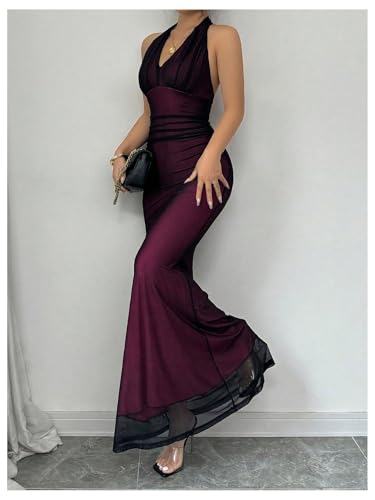 GORGLITTER Women's Mesh Halter Wedding Guest Maxi Dresses Backless Ruched Sleeveless Bodycon Dress2
