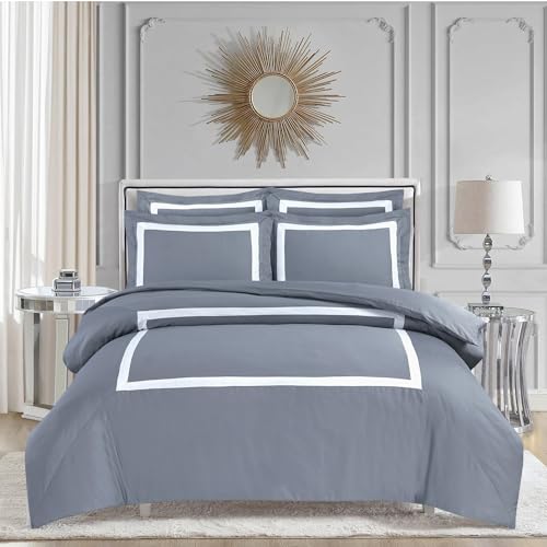 Majestic Giftware Madison Linen 8-Piece Twin Size Bedding Set (BL3-T-2) | Province Hotel Collection-Gray-White Tape 400 TC Cotton Sateen | 2 Fitted Sheets, 2 Duvets, 4 Pillowcases