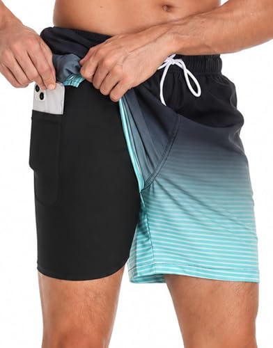 Image of Mens Swim Trunks Compression Liner No Mesh Swimming Trunks Men Swimwear Quick Dry Above Knee Zipper Pocket Swim Shorts