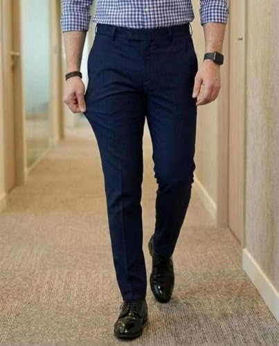 Image of Anand Stylish Slim Fit Men's Wear Stretchable Formal Trousers -AI CRD MT Blue L