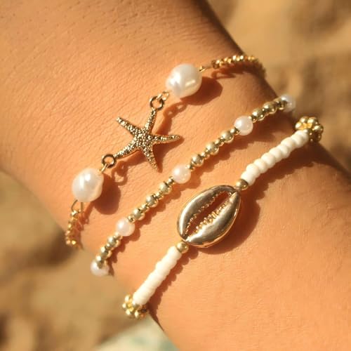 Image of Shell Bracelet,Gold Plated Starfish Ankle Bracelets for Women Waterproof Stack Beaded Anklet Boho Hawaiian Vacation Beach Jewelry Gifts