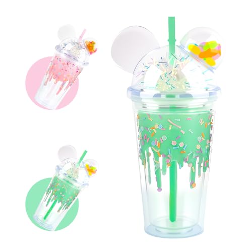 SilverChry Gobelet avec paille et couvercle, 450 ml, pour café glacé, double paroi, mignon, motif ours crème glacée, thé à bulles, verres à matcha, tasse de voyage, tasse à bec