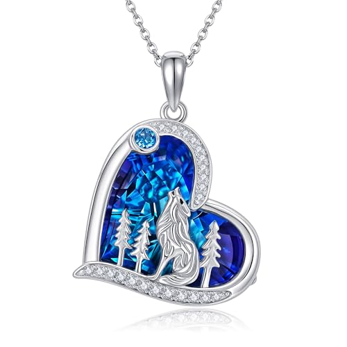 Collier loup en argent 925 et pendentif cœur en cristal bleu pour femme
