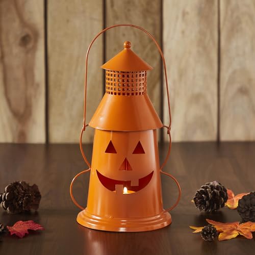 VHC Brands Metal Tealight Holder Halloween Lantern Orange 12x8x6, Kitchen Dining Table Candle Holder, Pumpkin Decor for Fall and Halloween