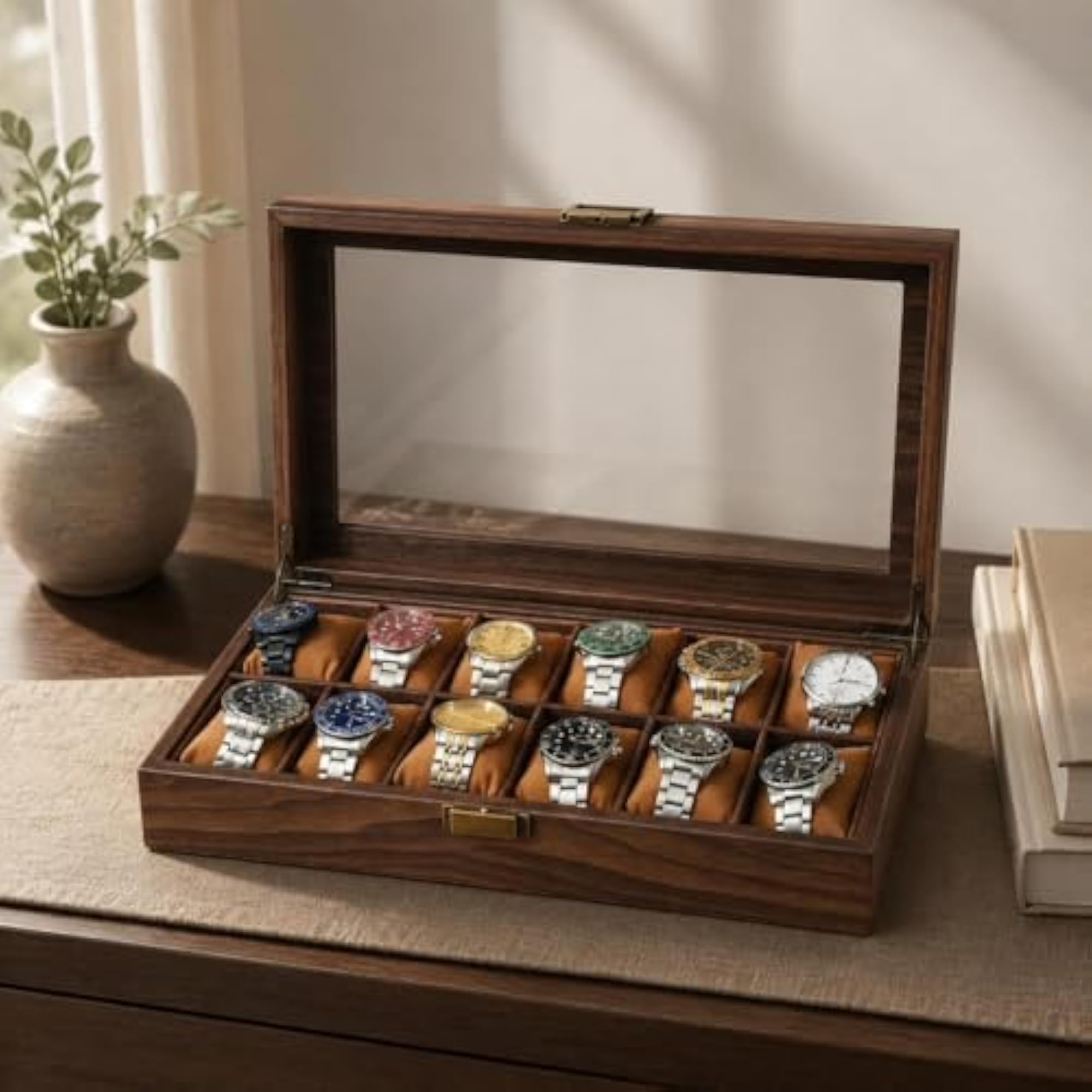 Wood-Grain Wooden Watch Box with Metal Latch, Display Case