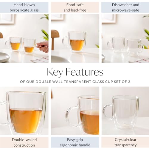 Image of Nestasia Double Wall Borosilicate Glass Mugs Set of 2 (280ml Each) - Microwave & Dishwasher Safe Transparent Glass Tea Cups | Food Safe & Durable Coffee Mugs - Ideal for Latte, Espresso, Cappuccino